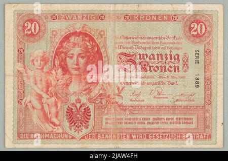 Banknote auf 20 KRONEN, Austria Hunggarian Bank, Austro Ungarn, 31. März 1900. Rössler, Rudolf (1864 1934) Stockfoto