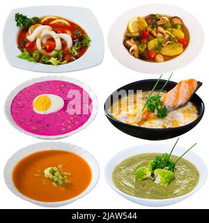 Collage von verschiedenen Suppen isoliert Stockfoto