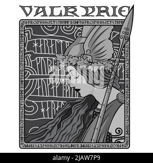 Valkyrie, Illustration zur skandinavischen Mythologie, gezeichnet im Jugendstil Stock Vektor