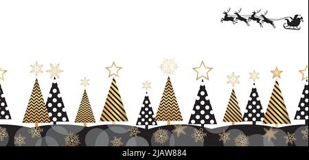 Weihnachten Abstrakt Nahtlose Schwarz-Gold-Wald-Hintergrundillustration Mit Textraum. Vektorgrafik. Horizontal Wiederholbar. Stock Vektor