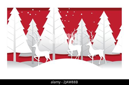 Christmas Vector Red 3-D Relief Illustration mit Winterwald und Rentier isoliert auf Weißem Hintergrund. Stock Vektor