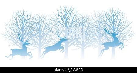 Weihnachtsvektorillustration mit Wald und Rentieren isoliert auf weißem Hintergrund. Stock Vektor