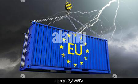 Europäische Exportwirtschaft - Container in Europa Flagge und Gewitter im Hintergrund Stockfoto