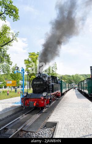 Sellin, Deutschland. 01.. Juni 2022. Ein Zug der Rügenschen Bäderbahn kommt am Bahnhof an. Das 9-Euro-Ticket gilt seit Juni 1 für den Nahverkehr in ganz Deutschland. Quelle: Stefan Sauer/dpa/Alamy Live News Stockfoto