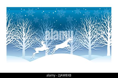 Christmas Vector Blue 3-D Relief Illustration mit Winterwald und Rentiere isoliert auf Weißem Hintergrund. Stock Vektor