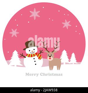 Runde Winterlandschaft mit Einem Schneemann und Einem Rentier. Flache, Einfache Und Kartoonische Vektorgrafik. Stock Vektor