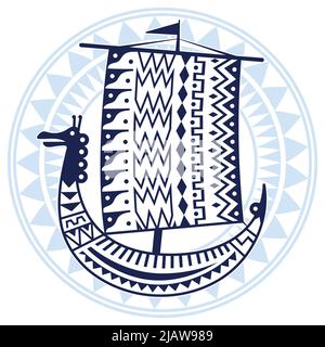 Ein altes skandinavisches Bild eines Wikingerschiffs, das mit einem alten Muster mit einem Drachenkopf verziert ist Stock Vektor