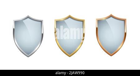 3D Schildset mit Abdeckung aus Glas, Kristall oder Acryl und Vektorgrafik aus Gold, Silber und Kupfer. Realistisches Emblem des starken digitalen Schutzes Stock Vektor