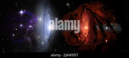 Der Kampf der Gegensätze, zwei Galaxien schwarze Löcher heiß und kalt, rot und blau im Weltraum. Elemente dieses Bildes, die von der NASA eingerichtet wurden. Stockfoto