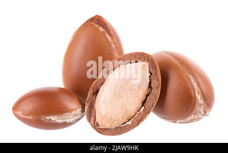 Argan-Samen auf weißem Hintergrund isoliert. Natürliche Argannüsse aus Marokko. Argania. Nahaufnahme Stockfoto