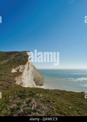 Sonnenbeschienenen weißen Kreidefelsen unter dem sommerlich blauen Himmel in der Nähe von Seaford, mit einem Pfad, der sich bis in die Ferne schlängelt und zum Erkunden einlädt. Stockfoto