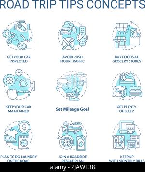 Roadtrip Tipps türkisfarbenes Konzept Symbole gesetzt Stock Vektor