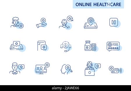Symbole für Online-Gesundheitsdienste eingestellt. Videoberatung, Support, Review und Chat. Pixelperfekte, bearbeitbare Strichführung Stock Vektor