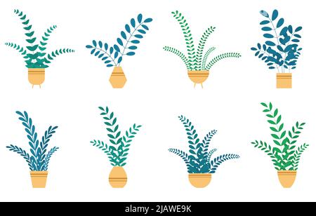 Stellen Sie die Pflanzen und Blumen des Hauses in Keramiktöpfe. Flache Stil Home Pflanzen und Blätter auf weißem Hintergrund. Hygge-Stil. Trendige Vektor botanische Elemente. Stock Vektor