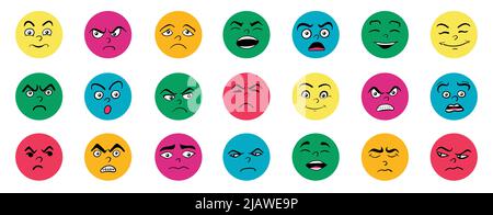 Cartoon nette und lustige Gesichter mit positiven und negativen Emotionen. Comic-Karikaturfiguren mit Augen und Mund. Handgezeichnetes Mimik-Set. Stock Vektor