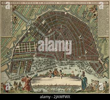 Klassischer Stadtplan von Amsterdam und Umgebung vom 16. Bis 18. Jahrhundert. Die Karten sind wunderschön von Hand illustriert und eingraviert und zeigen sie zu dieser Zeit. Stockfoto