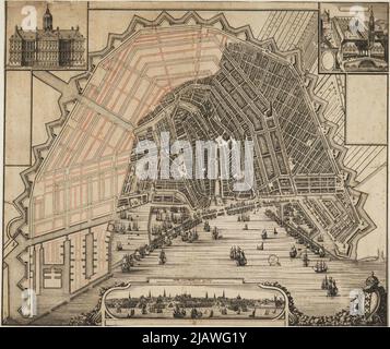 Klassischer Stadtplan von Amsterdam und Umgebung vom 16. Bis 18. Jahrhundert. Die Karten sind wunderschön von Hand illustriert und eingraviert und zeigen sie zu dieser Zeit. Stockfoto