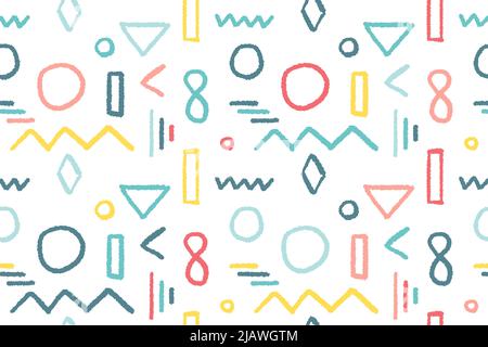 Abstraktes Nahtmuster. Vektorstruktur mit pastellfarbenen Doodle Pinselformen. Dreiecke, Kreise und Zickzack - trendige Pinselstreichmuster. Stock Vektor