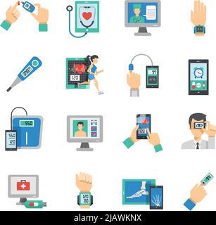 Digital Health Icons Flat Set mit Symbolen für medizinische Technologien, isolierte Vektordarstellung Stock Vektor