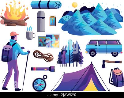 Wandern Camping Survival trip abstrakte bunte Ikonen Sammlung mit touristischen Zelt Kompass Lagerfeuer Berge isoliert Vektor-Illustration Stock Vektor