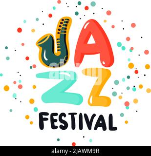 Jazz Festival Zeichen Konzept mit bunten Buchstaben und Punkte auf weißem Hintergrund flache Vektor-Illustration Stock Vektor