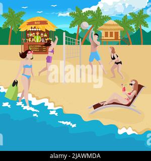 Menschen am Strand Zusammensetzung mit Blick auf die Küste und Sandstrand mit Bar Bungalow und Volleyball Spielplatz Vektor-Illustration Stock Vektor