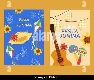 Festa Junina Brasilien – Plakate oder Karten-Sammlung für Feiertage und Festivals. Festa Junina Feier Banner, flache Vektor-Illustration. Vorlagen für pa Stock Vektor