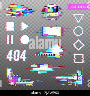 Satz einfacher geometrischer Formen und digitaler Elemente in verzerrtem Glitch-Stil auf transparenter Vektorgrafik im Hintergrund Stock Vektor