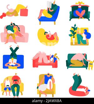 Menschen Freizeit Ruhe Hause stellt bunte Ikonen Sammlung mit Entspannung in Yoga Position isoliert Vektor-Illustration Stock Vektor