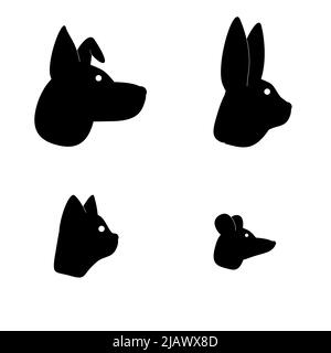 Vector Sammlung von Tieren - Hund, Katze, Kaninchen, Maus Seitenansicht, schwarz und weiß. Tierikonen für Logos, T-Shirts und Kinderlernen. Stock Vektor
