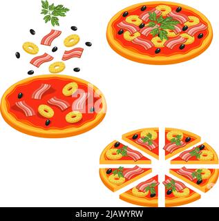 Farbige Pizza in Scheiben geschnitten isometrisches Icon Set mit Phasen der Pizzaherstellung Schritt für Schritt Vektorgrafik Stock Vektor