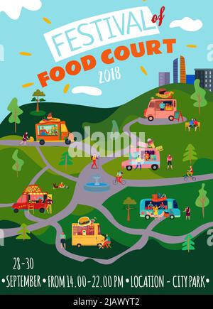 Food Trucks Poster mit Festival Food Court Symbole flache Vektor-Illustration Stock Vektor