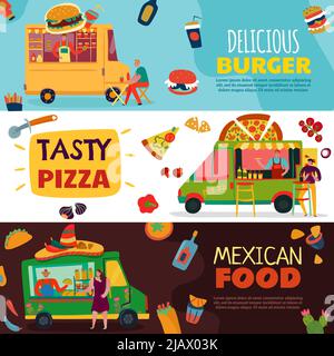 Food Trucks horizontale Banner Set mit Burger und Pizza Symbole flach isoliert Vektor-Illustration Stock Vektor