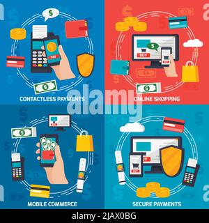 Mobile Commerce orthogonale 2x2 bunte Komposition mit flachen Bildern von Zahlungsterminal Kreditkarte und Smartphone-Vektor-Illustration Stock Vektor