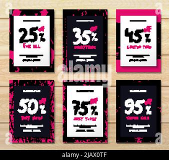 Flaches Design-Set von sechs vertikalen schwarzen freitag Rabatte Banner isoliert auf Holz Hintergrund Vektor Illustration Stock Vektor