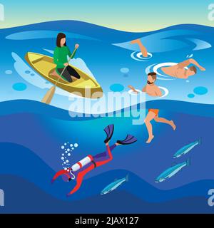 Sea Outdoor-Aktivitäten Zusammensetzung mit Schwimmer und Tauchen Symbole isometrische Vektor-Illustration Stock Vektor