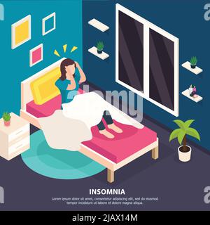 Frauen Gesundheit isometrischen Hintergrund mit häuslicher Zusammensetzung des Wohnzimmers und Frau mit Schlaflosigkeit mit Text Vektor Illustration Stock Vektor