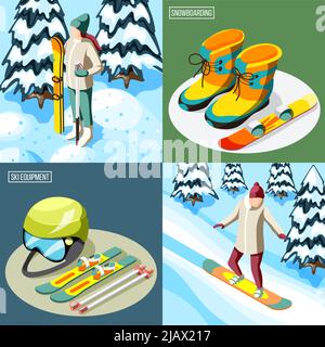 Skigebiet isometrisches Design Konzept Skifahrer mit Sportgeräten und Snowboarder auf der Piste isoliert Vektor-Illustration Stock Vektor