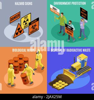 Toxische biologische und radioaktive Abfälle 4 isometrische Symbole Konzept mit Umweltschutzaktivisten Gefahrenzeichen Vektor-Illustration Stock Vektor