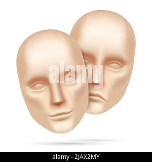 Theater Drama Masken Konzept Vektor Illustration. Glückliche und traurige realistische menschliche Gesichter isoliert auf weißem Hintergrund. Stock Vektor