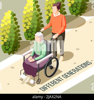 Verschiedene Generationen isometrischen Hintergrund mit älteren behinderten Frau im Rollstuhl sitzen und junge Krankenschwester Person Vektor-Illustration Stock Vektor