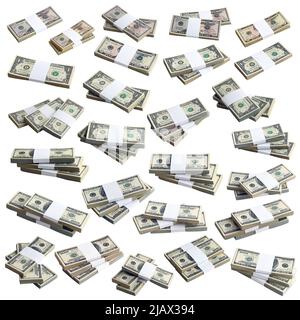 Großer Satz von US-Dollar-Scheinen, isoliert auf Weiß. Collage mit vielen Packungen american Money mit hoher Auflösung auf perfektem weißem Hintergrund CO Stockfoto