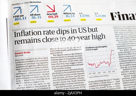 „Die Inflationsrate in den USA geht zwar nach wie vor in der Nähe des 40-Jahres-Hochs ein“, titelt die Zeitung Guardian mit einem Artikel zum Recycling 11. Mai 2022 London UK Stockfoto