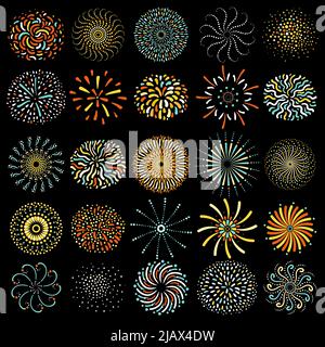 Festliche bunte runde Feuerwerk Ikonen große Sammlung auf schwarzem Hintergrund Poster abstrakt isoliert Vektor Illustration Stock Vektor
