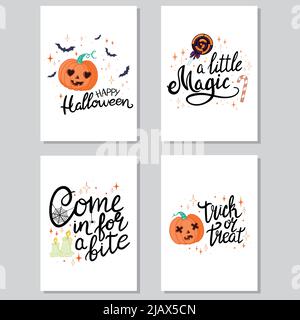 Vektor-Set von Halloween Urlaub handgezeichnete Einladung oder Grußkarte mit handgeschriebenen Kalligraphie Grüße, Worte und Phrasen. Stock Vektor