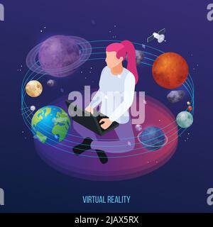 Virtuelle Augmented Reality 360 Grad isometrische Zusammensetzung mit weiblichen menschlichen Charakter umgeben von Sonnensystem Planeten Vektor-Illustration Stock Vektor