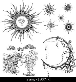 Märchenhafte Stil Sonne Mond und Wind antropomorphen Symbole setzen isoliert Vektor Illustration Stock Vektor