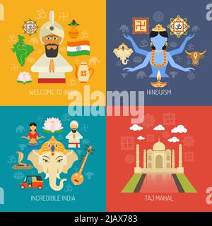 Indien Design-Konzept mit hinduismus Religion flache Symbole isoliert Vektor-Illustration gesetzt Stock Vektor