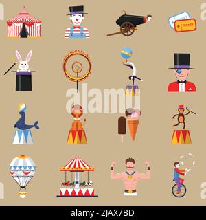 Vintage Zirkus Symbole flache Symbole mit starken Mann und Clown mit Kaninchen Trick abstrakt isoliert Vektor-Illustration gesetzt Stock Vektor