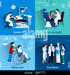 Medizinische Spezialisten concilium 4 flache Icons quadratische Zusammensetzung mit Zahnarzt und Krankenschwester Pflege abstrakt isoliert Vektor-Illustration Stock Vektor